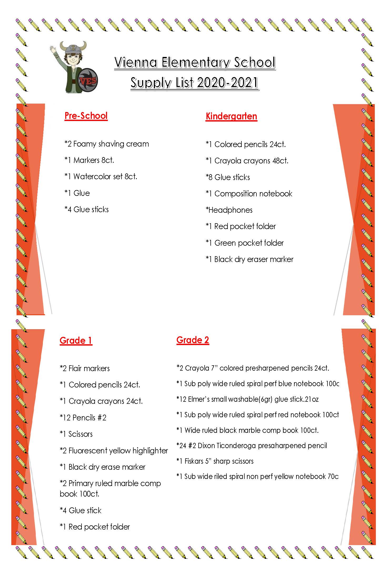 School Supply List Vienna Elementary School